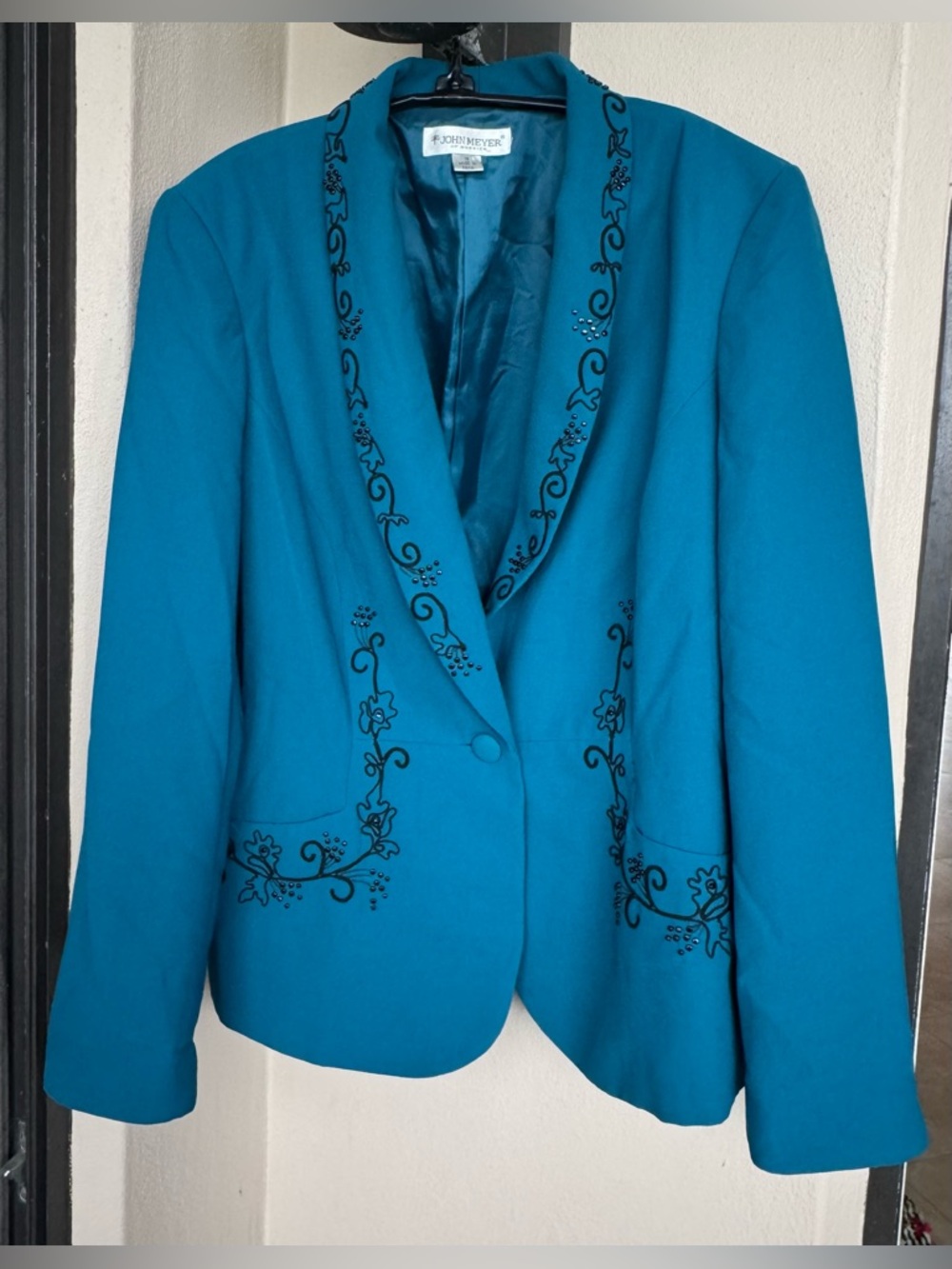 Vintage John Meyer of Norwich Teal Blazer Black Embroidery/Bead Accent Lined 16